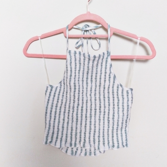 American Eagle Green and White Striped Linen Blend Halter Crop Top Size Small - Picture 1 of 8